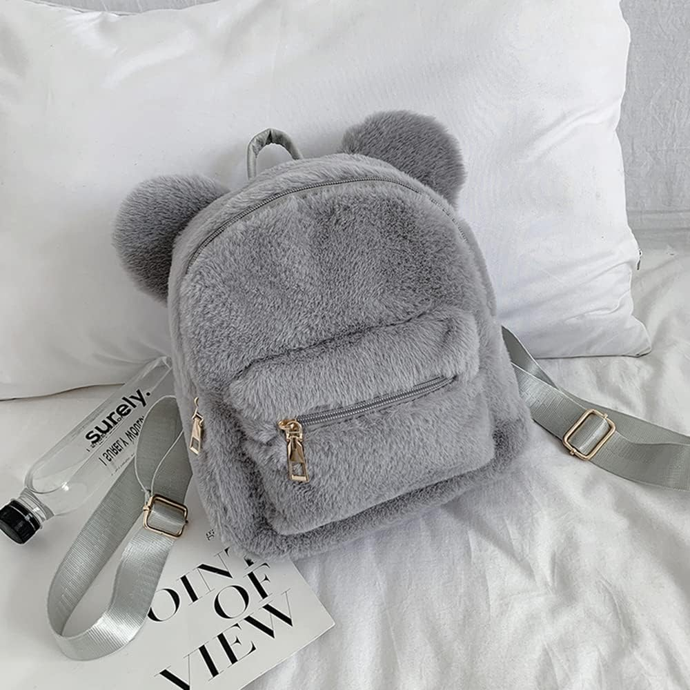 Cute Fuzzy Bear Ears Backpack Kawaii Soft Fluffy Casual Daypack Mini Shoulder Bag Purse for Girls - Grey image number 5