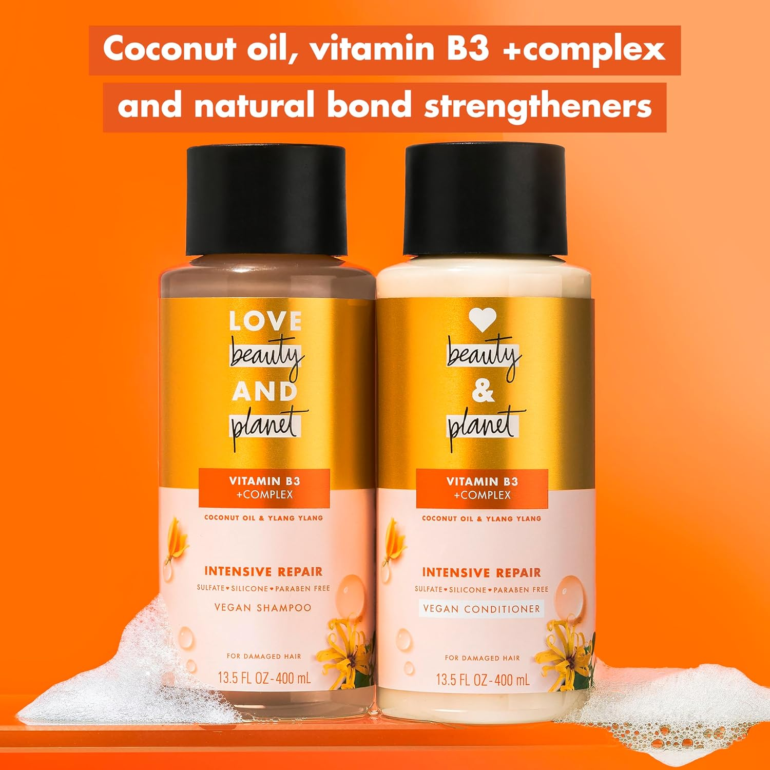 Love Beauty and Planet Shampoo with Vitamin B3 Coconut Oil & Ylang Ylang for Intensive Repair for Damaged Hair Sulfate, Silicone, & Paraben Free. Cruelty-Free. 13.5 Oz