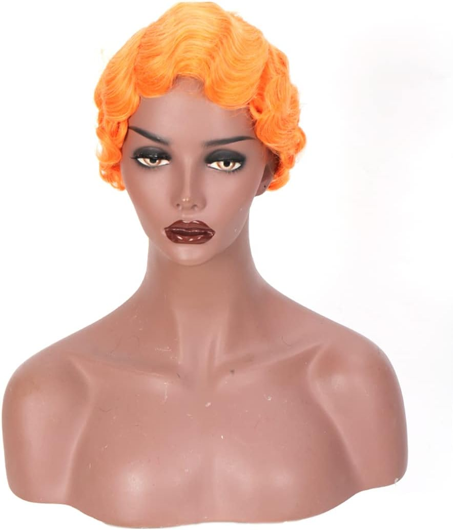 Short Finger Wave Wig Cosplay Hair 6Inches Vintage Synthetic Wigs for Women Black Purple 613 Heat Hair 2801-2-Orange 6Inches image number 6