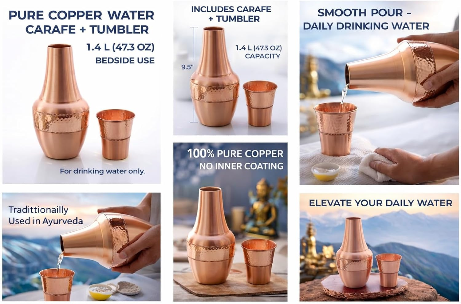 Pure Copper Bedside Carafes, Flask with Tumbler for Ayurveda Health Benefits - Capacity - 1.4 Lt (47.3 US Fluid Ounce) image number 6