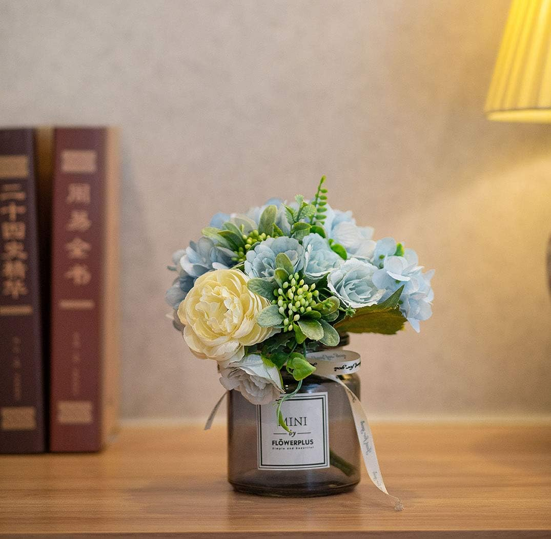 Artificial Flowers with Vase, Hydrangea Hand Bouquet and Vase, Ins Style Artificial Flower Set, Suitable for Living Room, Dining Table, Office, Wedding, Hotel Banquet Home Decoration. (Blue) image number 4