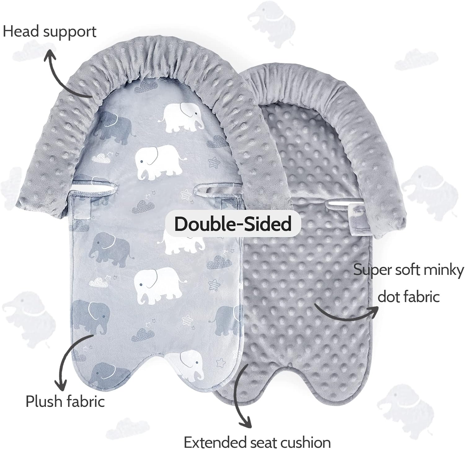 TANOFAR Baby Car Seat Insert and Strap Covers, Gray Carseat Head Support for Boys, Soft Unisex Cushion Fit for Car Seats, Stroller, Bouncers, Elephant image number 5