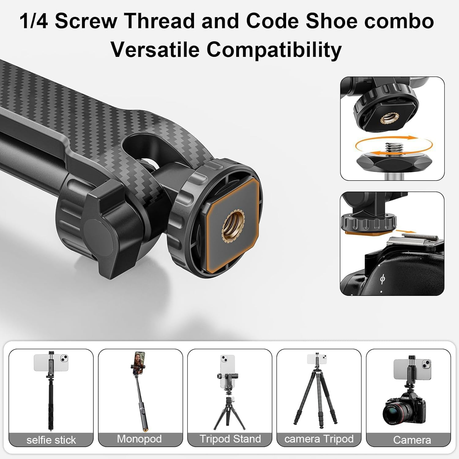 Cell Phone Tripod Mount, Tripod Phone Holder with 1/4" Screw 2 Cold Shoes, 360&deg;Rotates 180&deg;Tilts Adjustable Camera Hot Shoe Phone Mount for Iphone for Samsung Selfie Stick Camera Stand image number 3