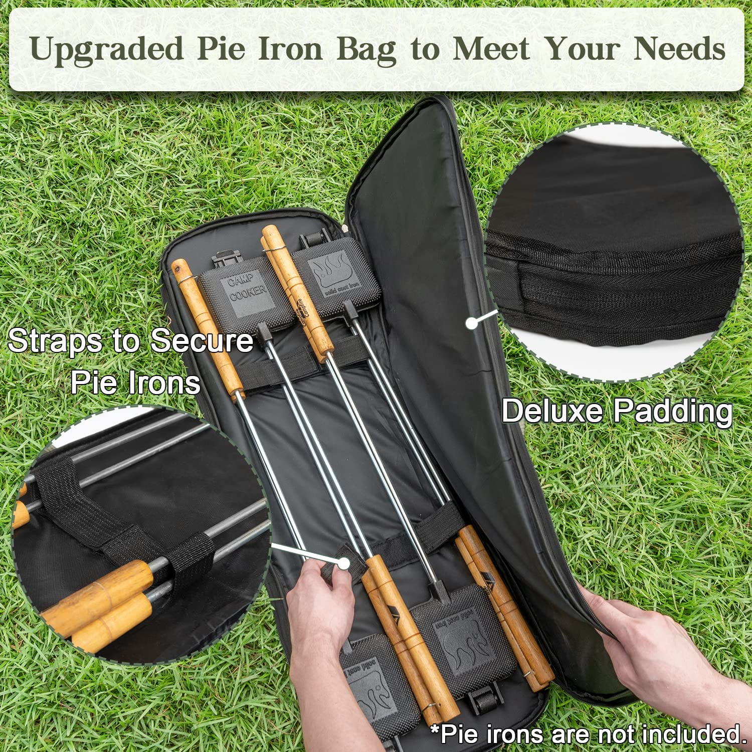 Deluxe Mountain Pie Maker Bag for Campfire Pie Iron - Fits up to 4 Cast Pie Irons, Heavy Duty Thick Padding with Extra Pocket for Fire Pit Accessories, Strong Straps to Keep Pie Maker Stable, 32&times;10 In image number 2
