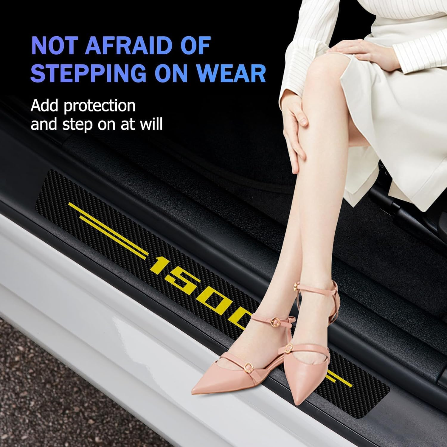 Car Door Sill Protectors 4Pcs for 1500, Carbon Fiber Leather Door Sill Sticker for RAM, Car Door Scuff Plate Door Entry Guard Threshold Scratch Protection Sticker Decoration (1500 Yellow)