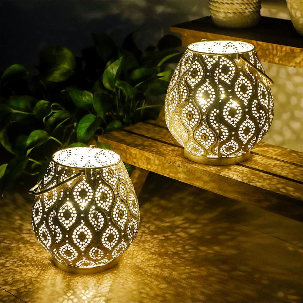TRIROCKS Set of 2 Moroccan Decorative Lamps 7'' High Battery Powered Cordless Lamp Metal Table Lamps with Fairy Lights Bulb for Home Living Room Garden Yard Party Events Tabletop Indoor Outdoor(Brown)