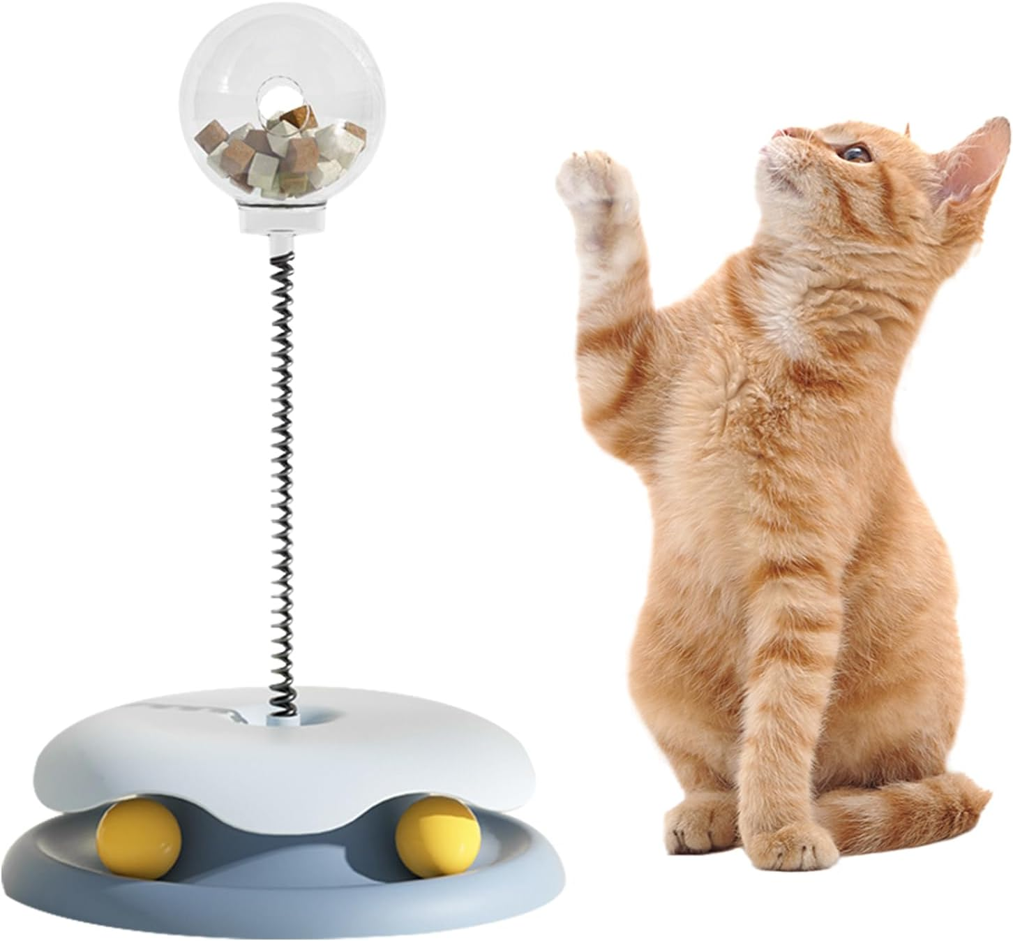 KECUSIN Cat Turntable Toy &ndash; Cat Interactive Slow Feeder Toy, Rotating Turntable with 2 Rolling Balls & Bouncy Steel Spring for Engaging Play and Healthy Eating. (Blue)