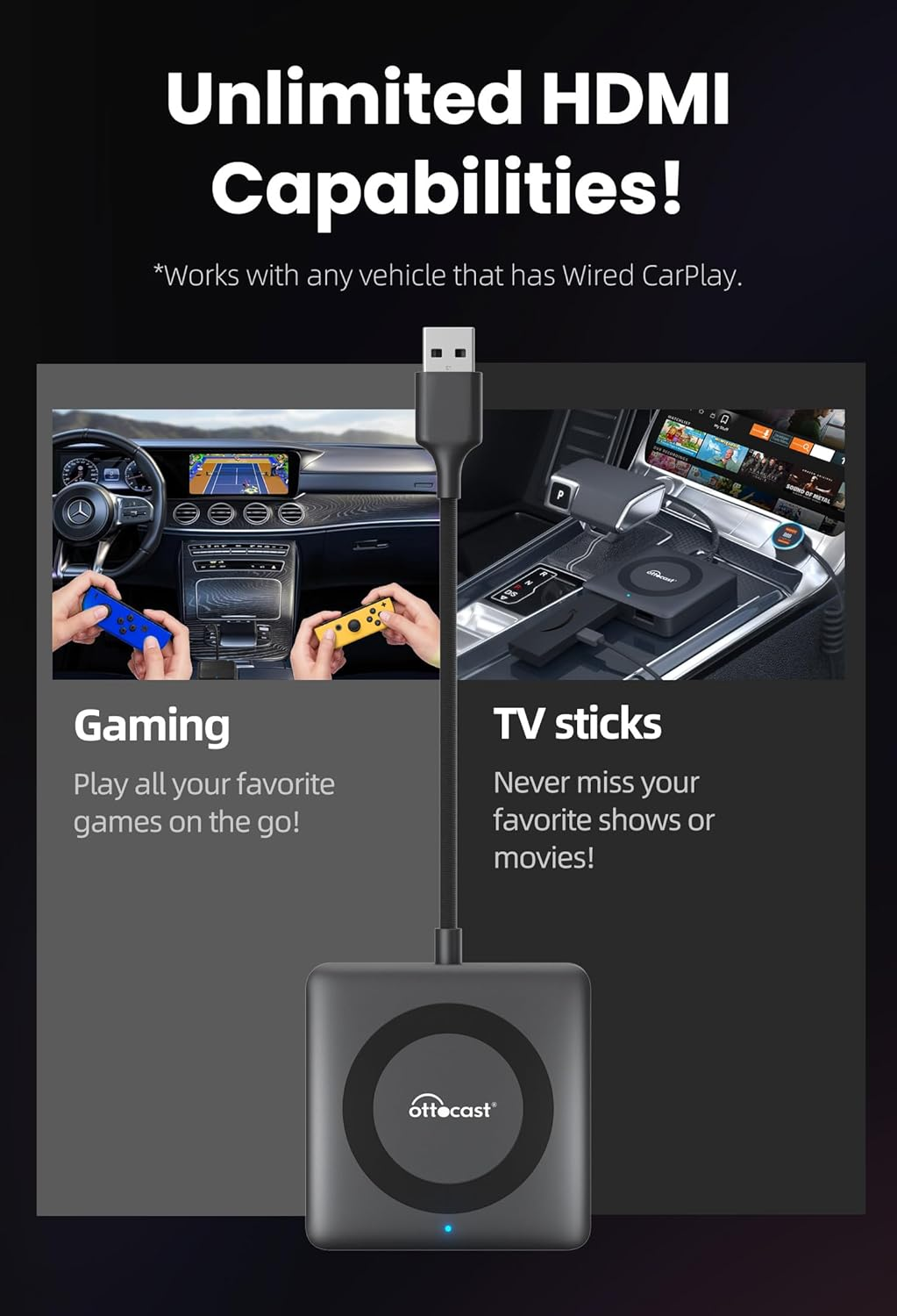 OTTOCAST Cartv Mate Max & Wireless Carplay Adapter & Wireless Android Auto Adapter for Apple Iphone Android Phone 3 in 1, Convert Car Screen to TV, Watching Videos Movies on Car Screen from TV Stick image number 4