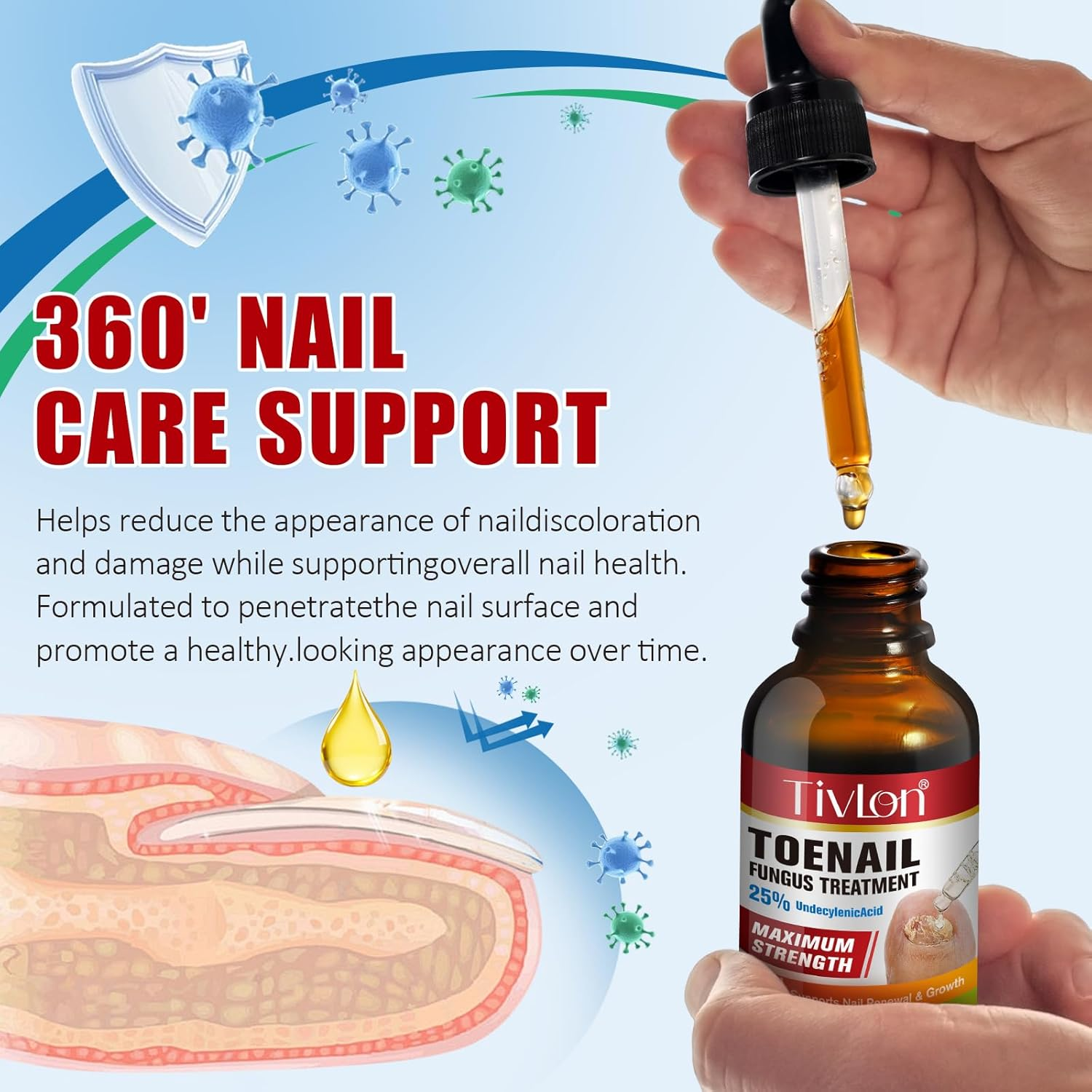 Toenail Fungus Treatment Liquid 30Ml | Extra Strength with Undecylenic Acid 25% and Tea Tree Oil | Nail and Toe Support | Fast-Absorbing Formula | 2 Pack image number 3