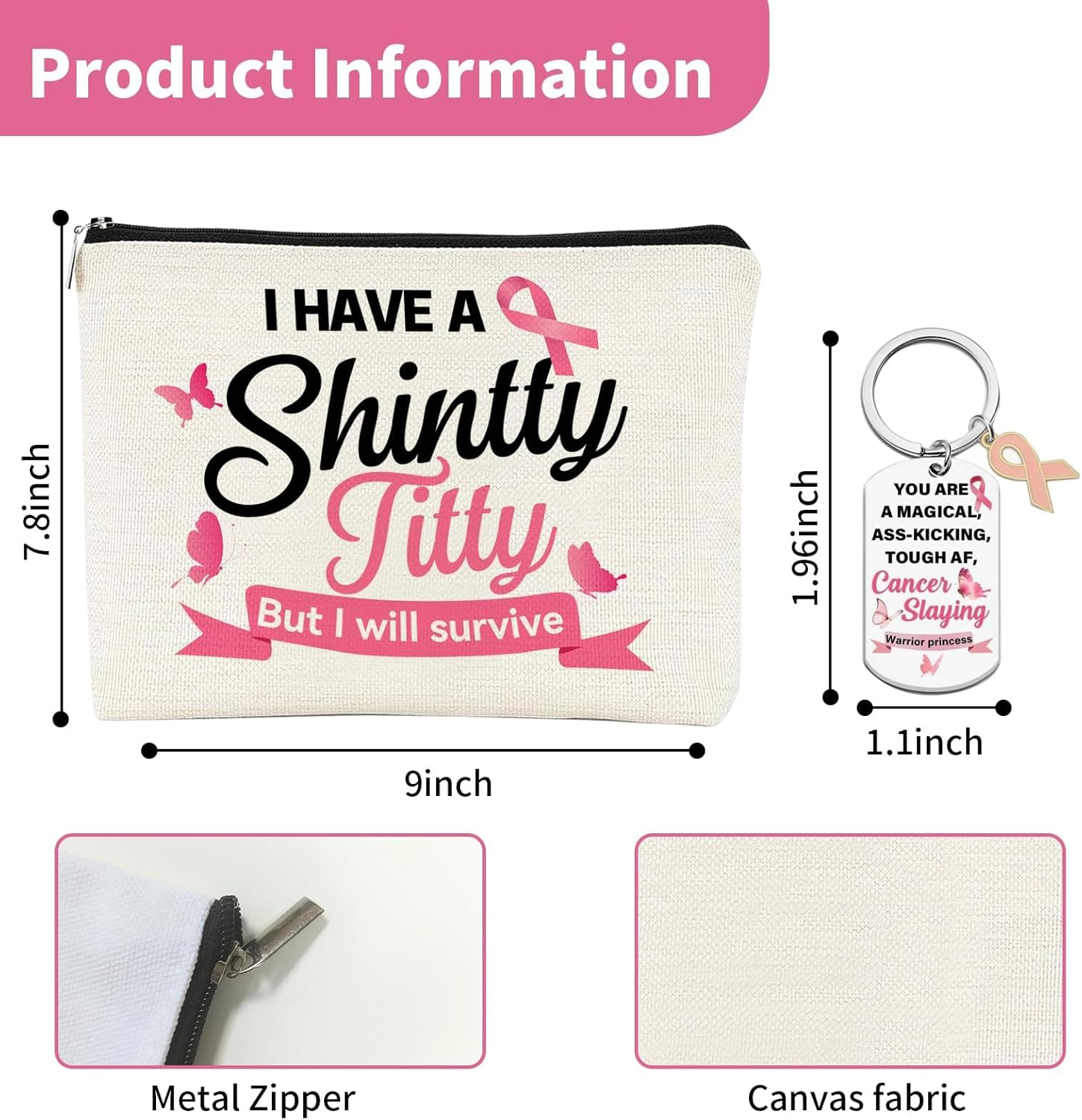 Kuskins Breast Cancer Survivor Gift Set for Women - 2Pcs Makeup Bag and Keychain,Pink Ribbon Awareness Toiletry Bag Set for Women, Survivor Inspirational Gifts image number 1