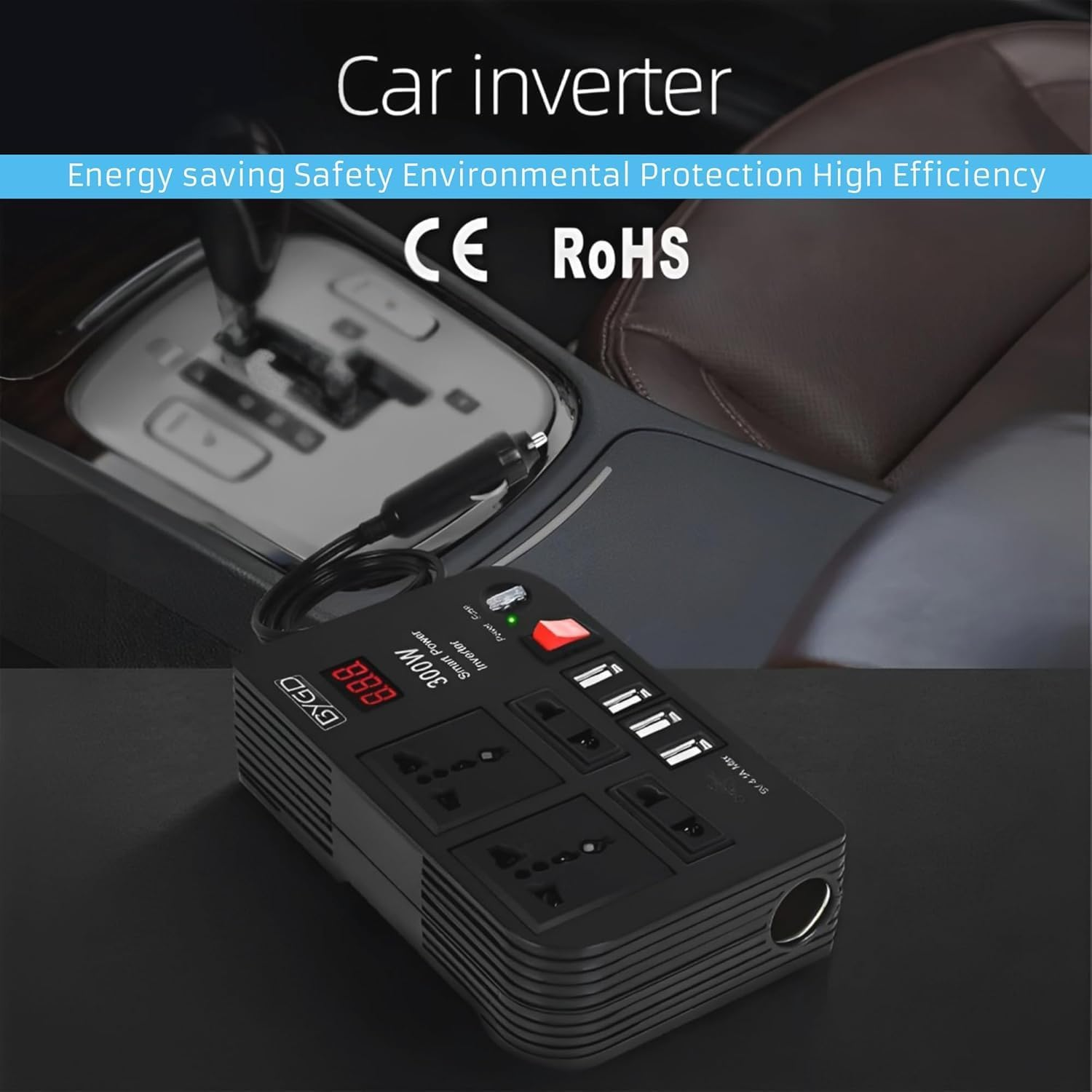 300W Car Power Inverter, DC 12V to 220V AC Converter with LED Display, 4 USB Ports, 4 Charger Outlets, Pure Sine Wave - Portable Charger for Cars, Trucks, Rvs