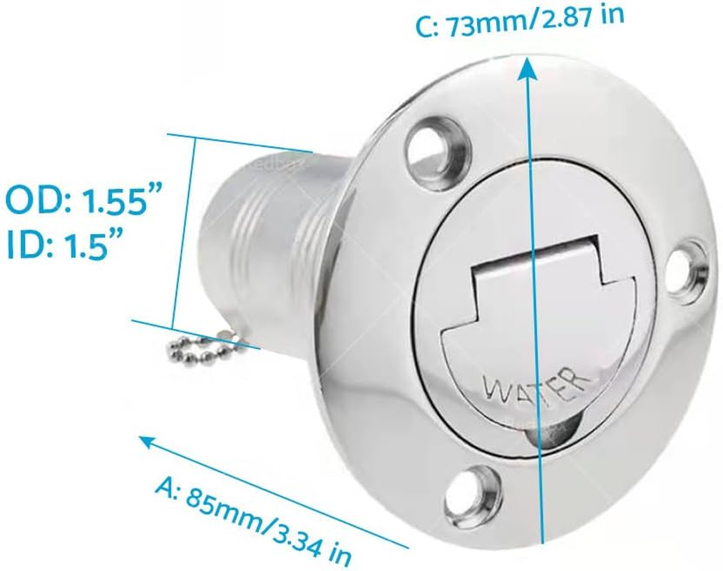 1.5" 38Mm Boat Gas/Fuel/Diesel/Water Deck Fill/Filler with Keyless Cap 1-1/2" Polished 316 Stainless Steel Hardware for Marine Boat Yacht Caravan image number 6