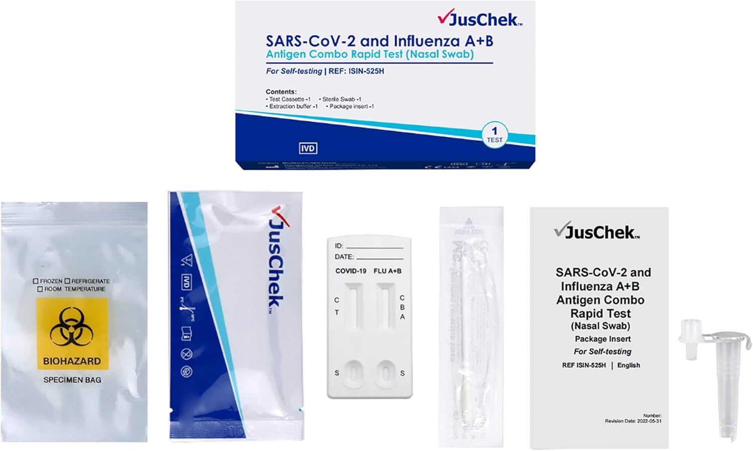 Juschek 3-In-1 Combo Test 5 PACK, Influenza Flu A+B and COVID-19 Rapid Antigen Test Kit - Nasal Swab