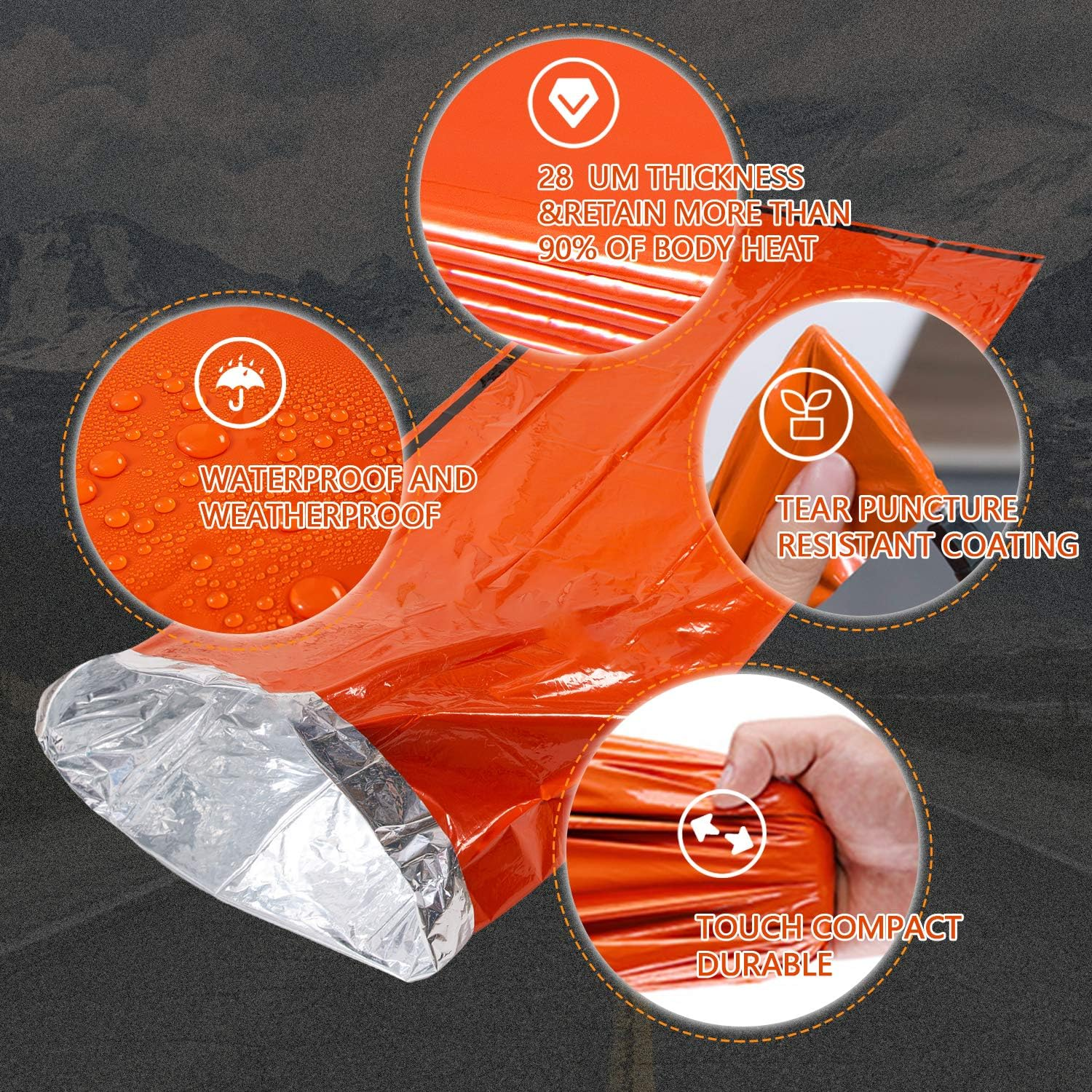 Mezonn PE Emergency Sleeping Bag Survival Bivy Sack- Use as Emergency Space Blanket, Lightweight Sleeping Bag, Survival Gear for Outdoor, Hiking, Camping - Includes Nylon Sack with Carabiner - Green Set image number 4