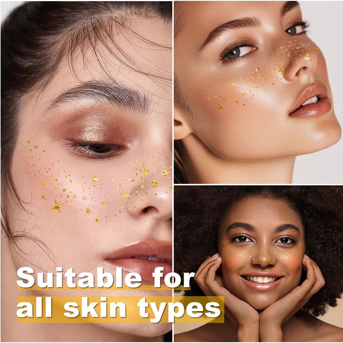 Gold Face Makeup Patches 6Pcs Glitter Freckles Temporary Tattoo Cute Freckles Sparkle Makeup Speckles Waterproof Glow up Speckles Patches for Women Cosmetic Tattoos Sticker (Gold06) image number 1