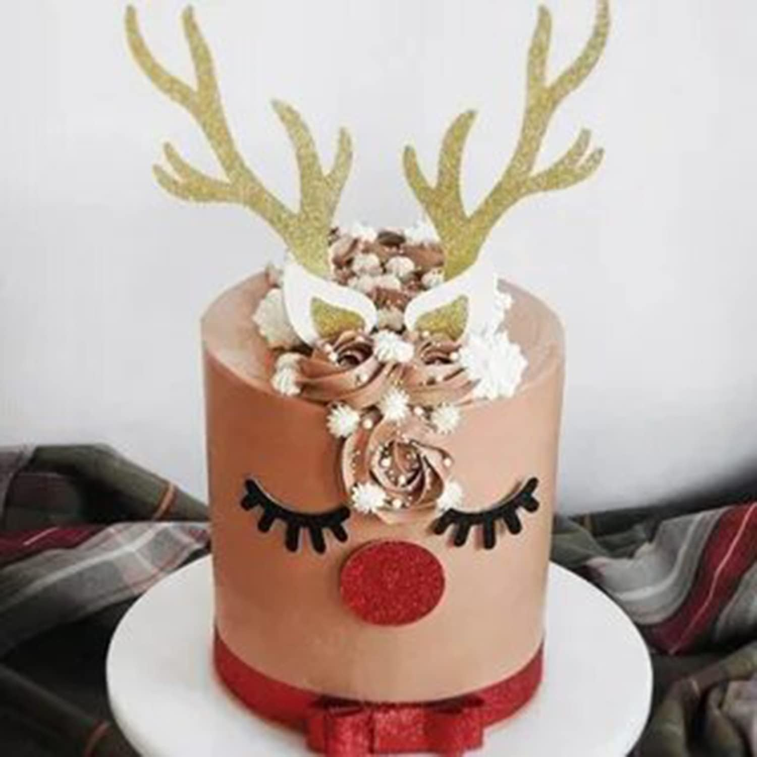2 Set Christmas Cake Topper Decorations Reindeer Antler Cake Topper with Eyelashes Nose Ear for Easter Xmas Party Decor Supplies image number 3