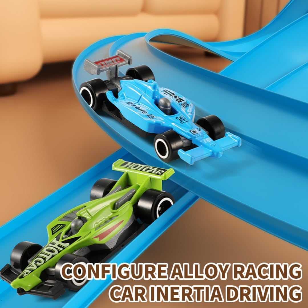 390CM Flexible Race Track Toys for Kids, Flex Race Car Set with 4 Toy Cars, with Suction Cups Compatible with Hot Wheels and Diecast 1/64Th Cars, Classic Long Rolls up Portable Racetrack, Blue image number 4