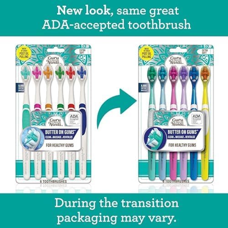 Gurunanda Butter on Gums Toothbrush, ADA Accepted, with 8000+ Ultra Soft Softex Bristles for Sensitive & Receding Gums, Perfect for Whiter Teeth, 6 Ct