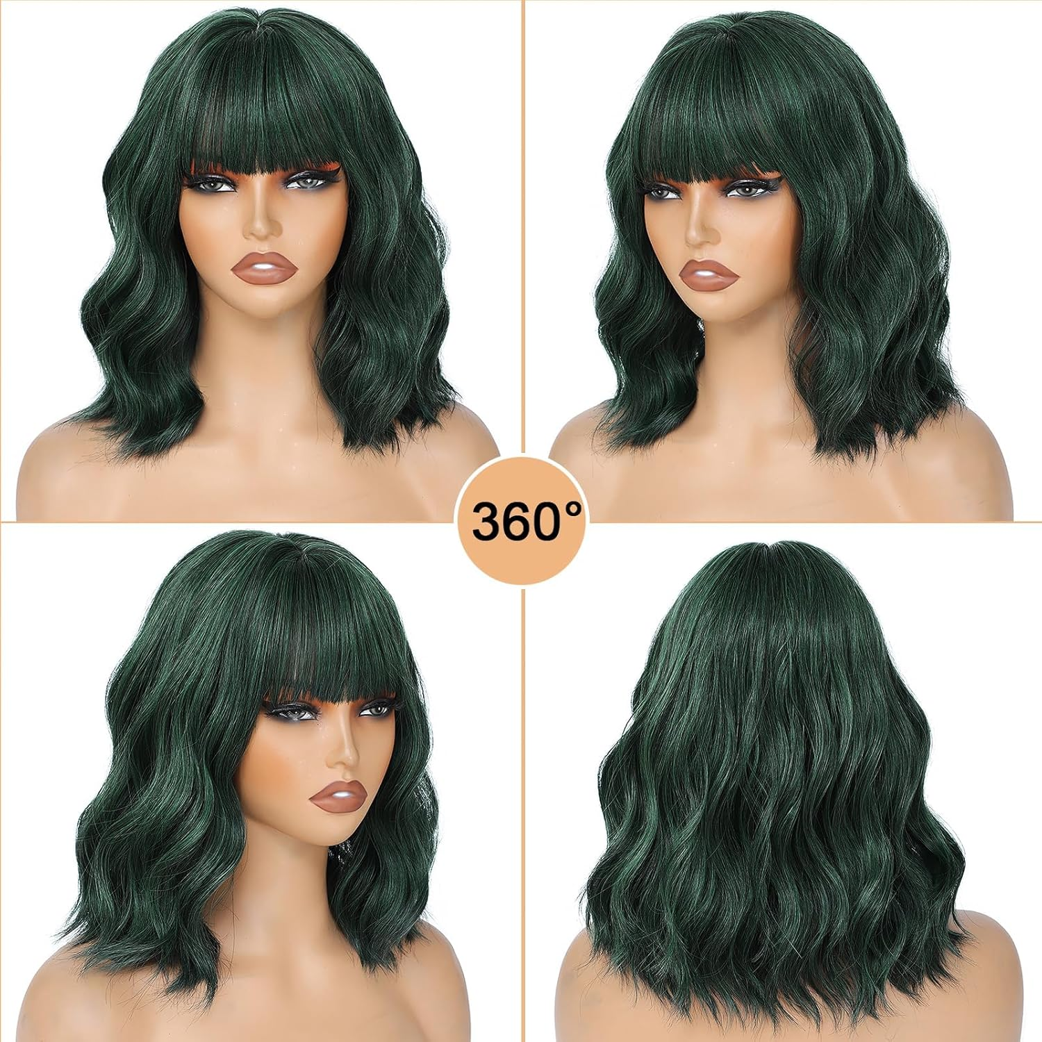 Short Bob Wig with Bangs Dark Green Loose Wave Wigs Shoulder Length 14Inch for Women Colorful Costume Wig Heat Resistant Fiber Hair for Daily Party Halloween Cosplay Use(313A#Darkgreen) image number 1