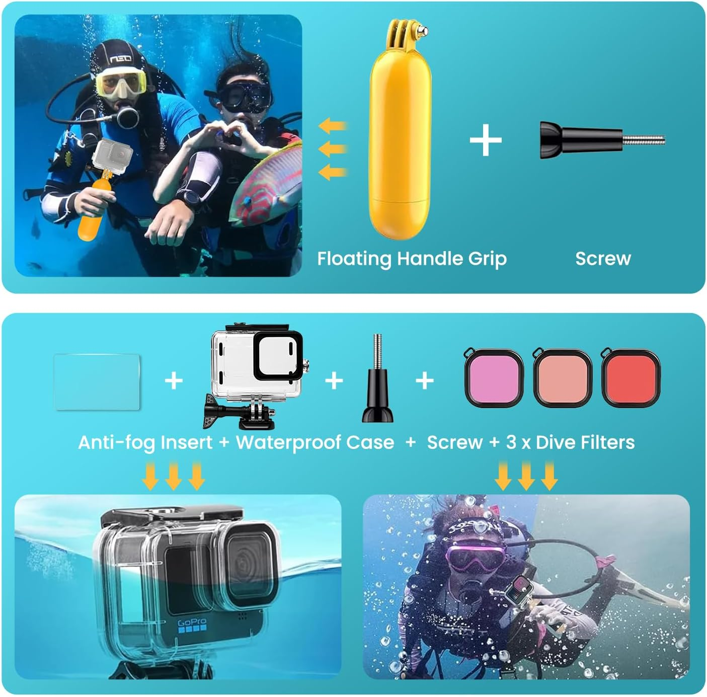 Xkimos Action Camera Accessories Kit,Includes Waterproof Housing &Silicone Case, for Gopro Hero 13/12/11/10/9/8/ 7, DJI Osmo Action 4, AKASO Brave 7, APEMAN, Campark, SJCAM image number 1