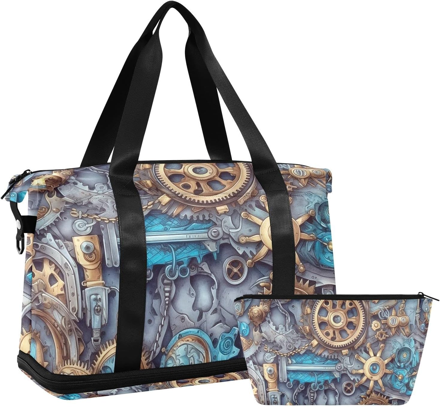 AIXIWAWA Steampunk Gears Duffel Gym Bag and Toiletry Bag Set with Shoes Compartment Trolley Sleeve Removeable Strap for Workout Travel Gym, Blue, 17.32&times;8.66&times;15.55 In image number 1