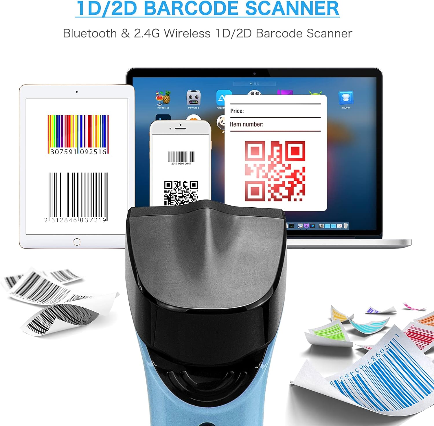 NETUM Bluetooth Wireless 2D Barcode Scanner with Charging Cradle, Hands Free Automatic Sensing Bar Code Reader 1D 2D QR Pdf417 Scan Gun Works with MAC OS, Windows, Ios, Android - DS7500 (Blue)