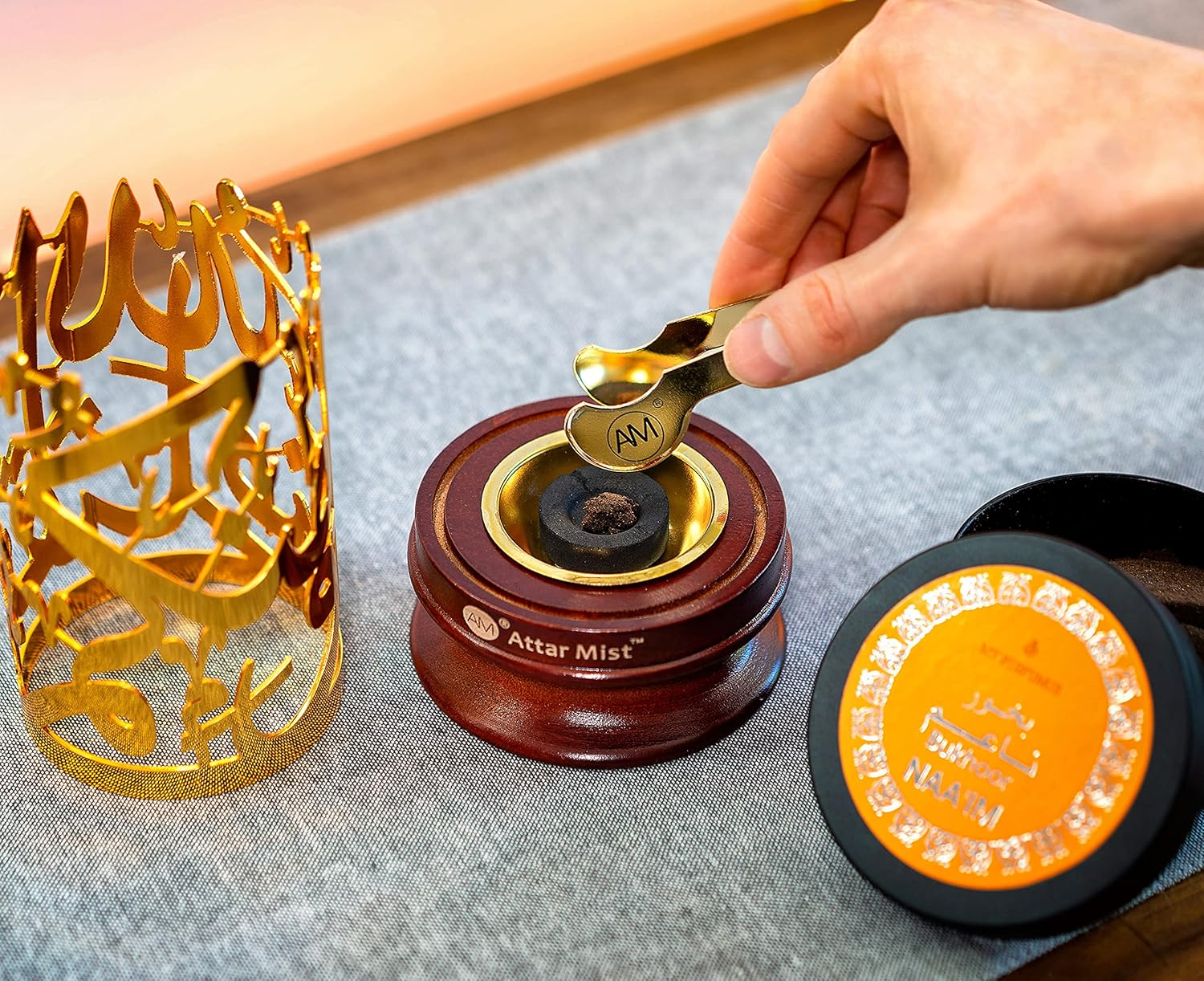 AM Bakhoor Calligraphy Incense Burner - Metalic Resin Cone Holder | Wooden Base | Frankincense Charcoal Burner (Mabkhara) | Spiritual Gifts for Office & Home Decor (Gold) - Silver image number 6