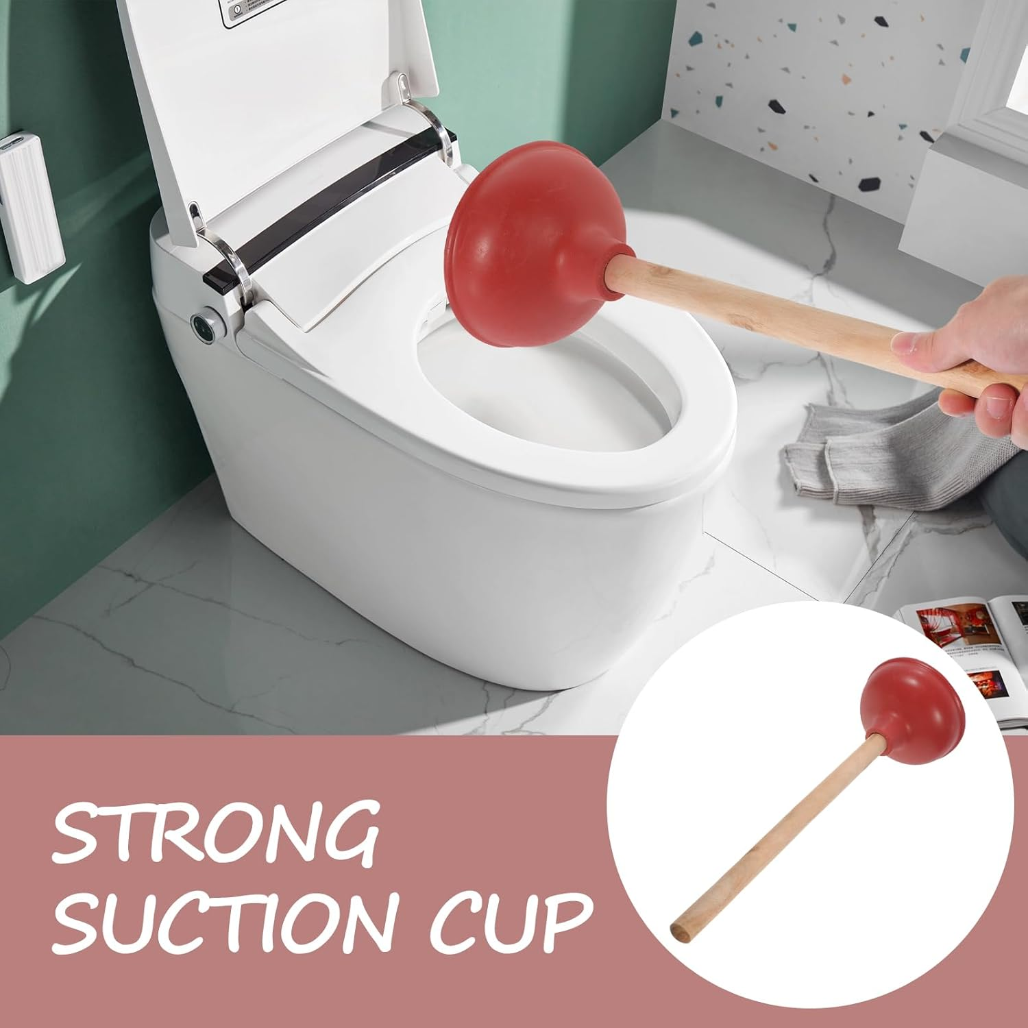 Gadpiparty Sink or Toilet Plunger Rubber Force Cup with Wooden Handle Heavy Duty Toilet Plunger for Toilet, Bathroom,Sink image number 4