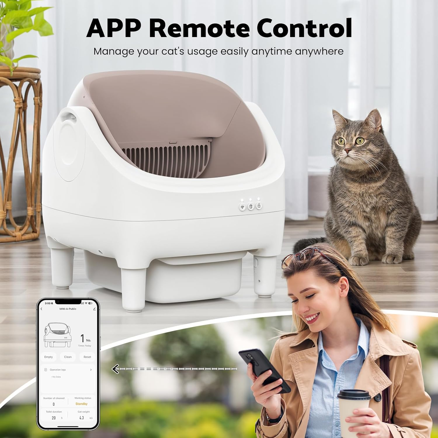 Advwin Self Cleaning Litter Box, Open Top Design Automatic Cat Litter Box for Multiple Cats with App Control, Safety Protection, 10.5L Large Waste Bin, Includes Trash Bags and Litter Mat