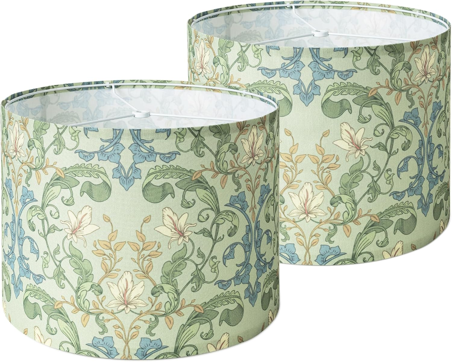 AELS Vintage Lamp Shades Set of 2, Green Botanical Fabric Drum Lampshades for Table or Floor Lamps, 13X13X10 Medium Size (Spider Fitter), Easy Assembly Required