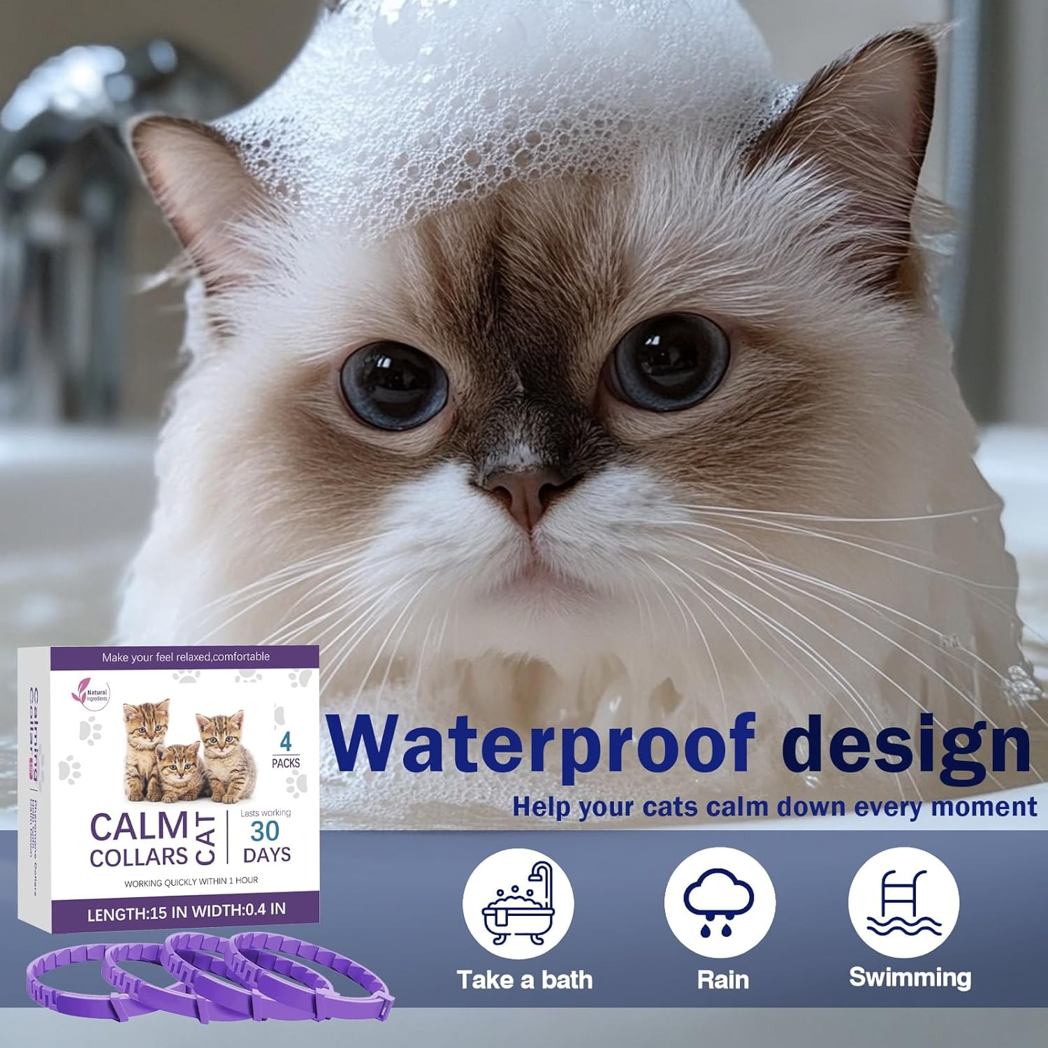 4 Pack Cat Calming Collar Calming Collar for Cats - Pheromone Infused, 30-Day Long Calm Effect, Water-Resistant Adjustable Collars for Small/Medium/Large Cats (Purple) - Black image number 4