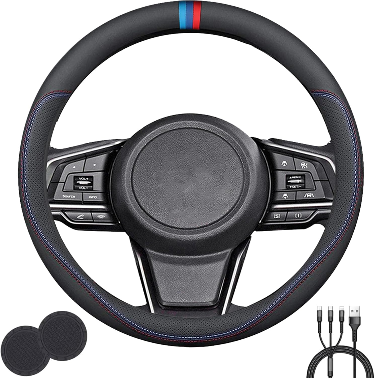 Steering Wheel Cover, Universal Premium Leather Steering Wheel Cover for Steering Wheel with a Diameter of 14.5"-15" with 2 Coasters and USB Fast Charging Cable (Style 1) image number 4