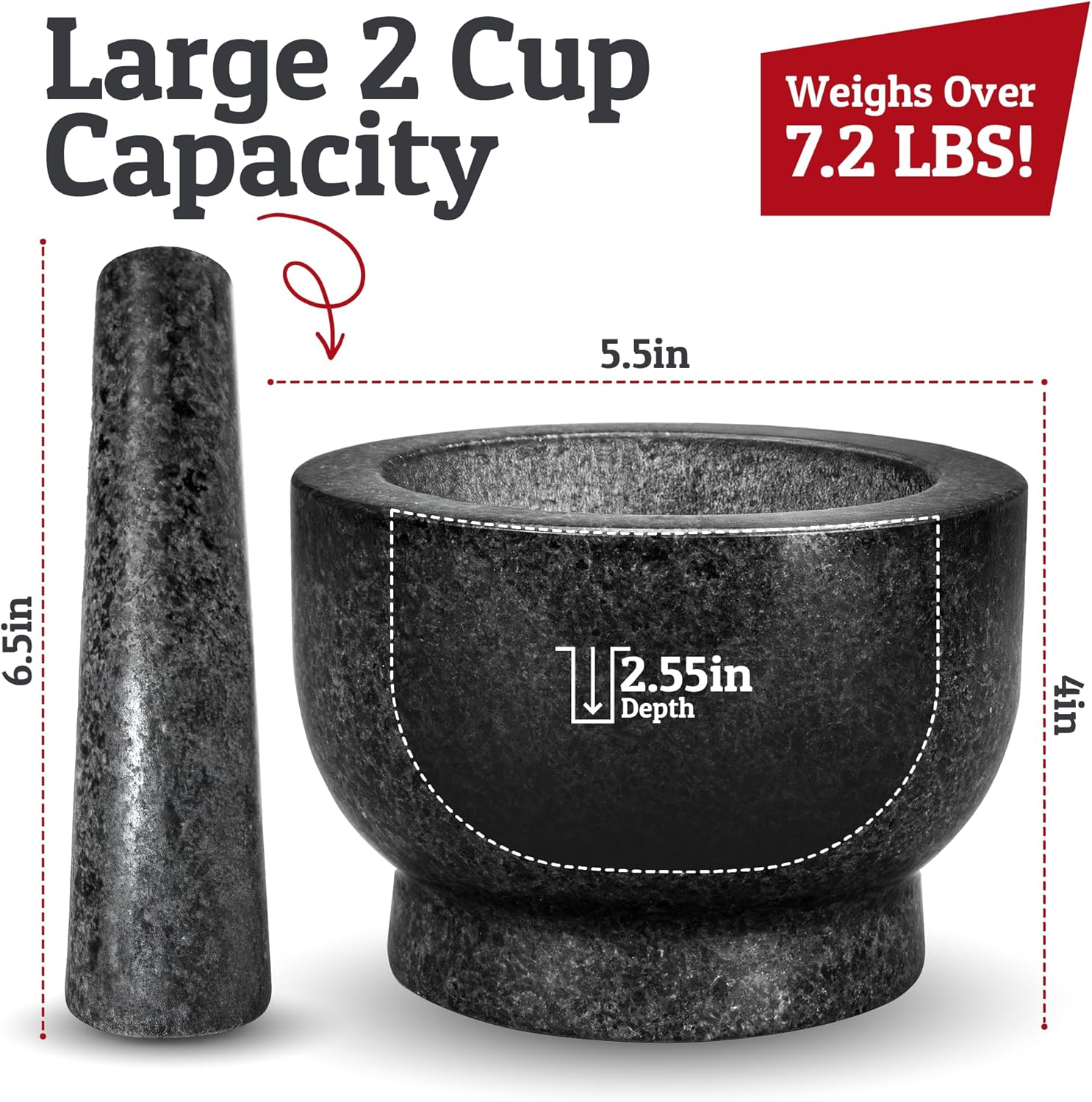 Heavy Duty Large Mortar and Pestle Set, 2 Cups, 100% Natural Granite Mortar and Pestle Stone Grinder Bowl, Molcajete Bowl, Avacado Masher Guacamole Bowls, Black image number 1