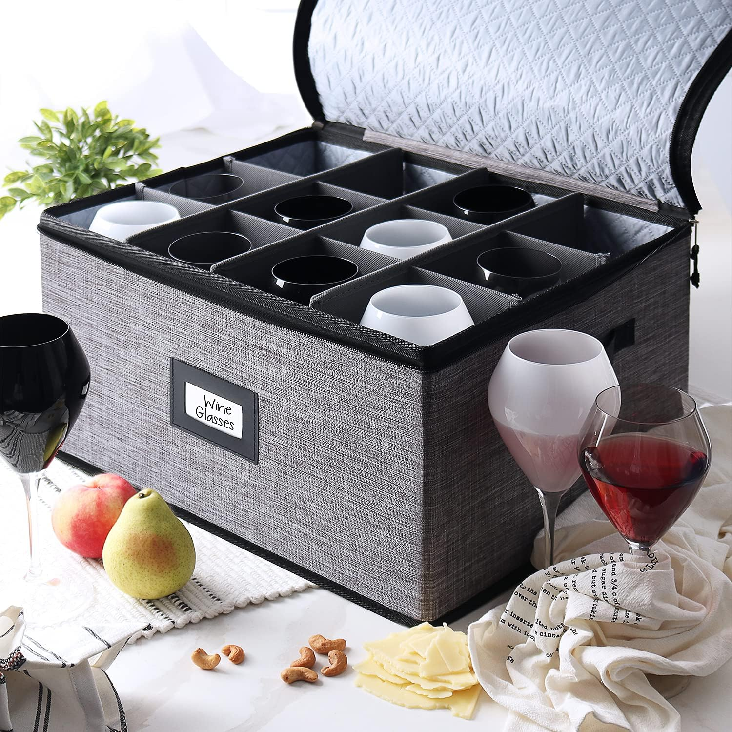 Wine Glass Storage Box with Dividers, Quilted and Stackable Stemware Storage Cases, Service of 12 Glassware Storage Containers, China Storage Containers Hard Shell for Moving and Seasonal Storage image number 6