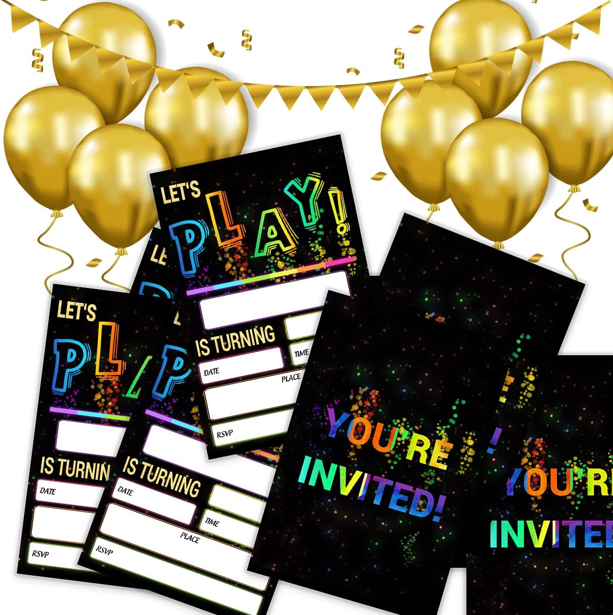 SHLINCO Glow Let'S Play Birthday Party Invitations for Boys Girls, Neon Party Invites for Kids, Double Sided Design(20 Cards + Envelopes) image number 4