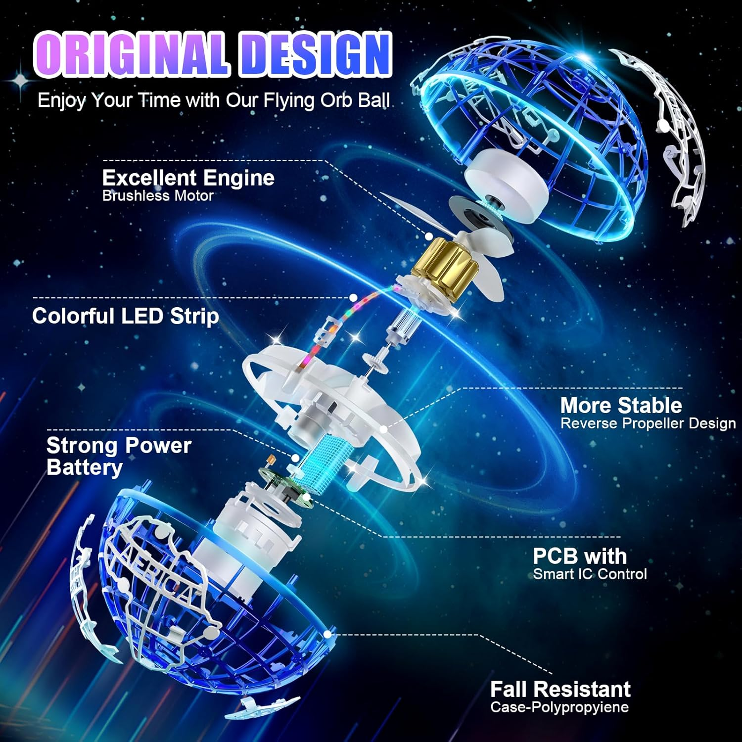 Flying Orb Ball 2023 Newest Upgrade Hover Boomerang Ball 6 Lighting Effects Cool Toys for Kids Teen Adults Indoor Outdoor Flying Ball Toy, Blue image number 1