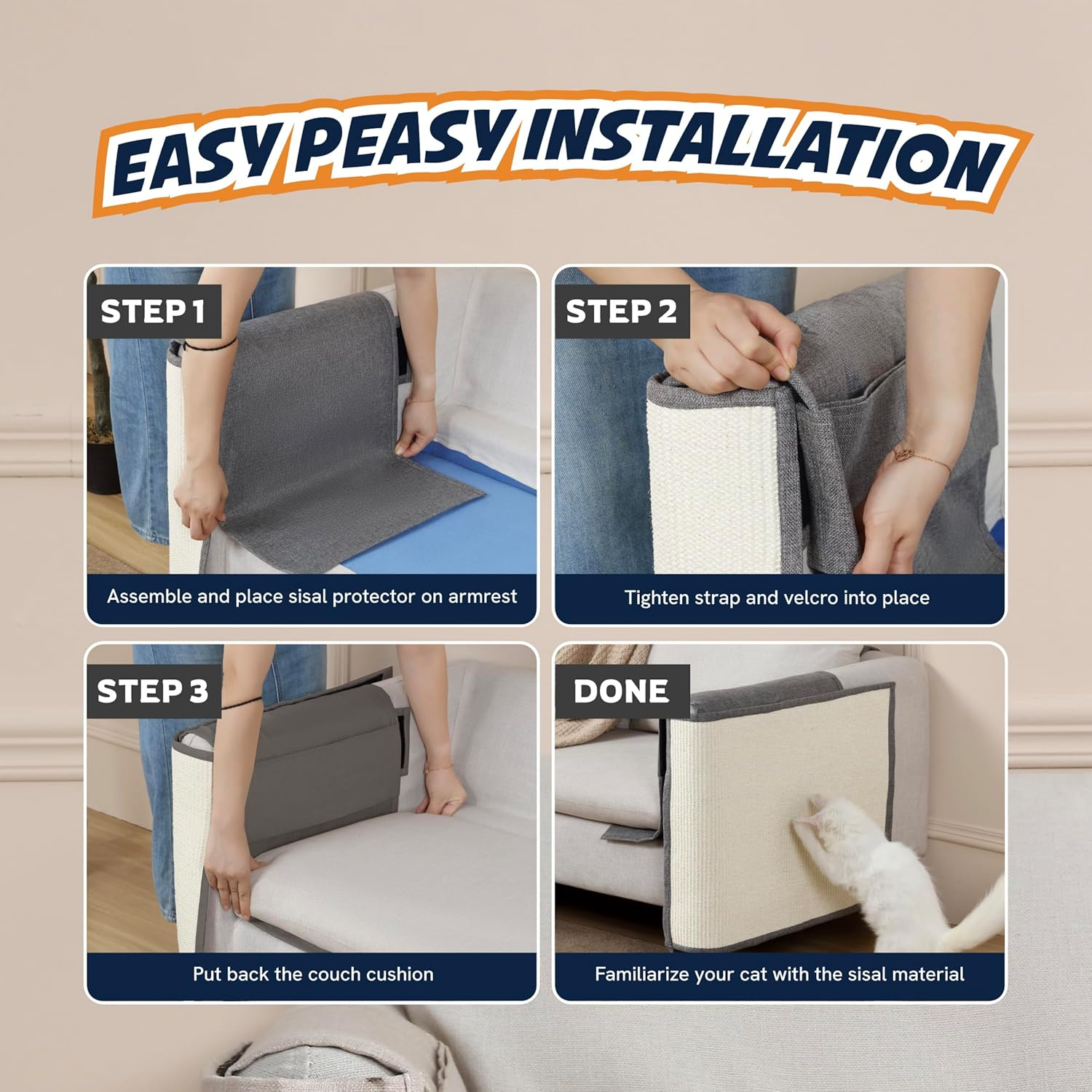 Panther Armor Sisal Furniture Protectors, Cat Corner Scratcher [Grey-Right Couch Arm] Keep Cats from Scratching Furniture, Cat Scratching Post on Couch, Sofa Covers for Cats image number 4