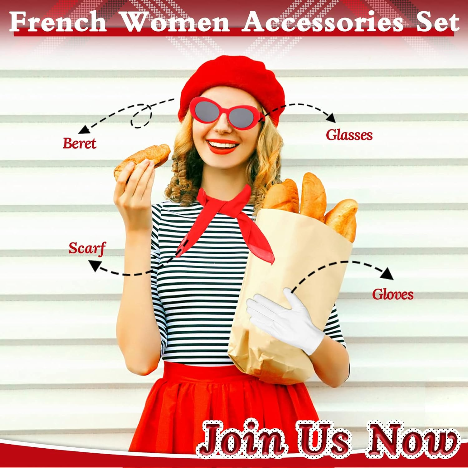 French Women Fancy Dress Costume Accessories Set French Artist Mime Kit with Red Beret Scarf Sunglasses Gloves for Women Girls Cosplay Party Supplies School Dress up Day image number 5