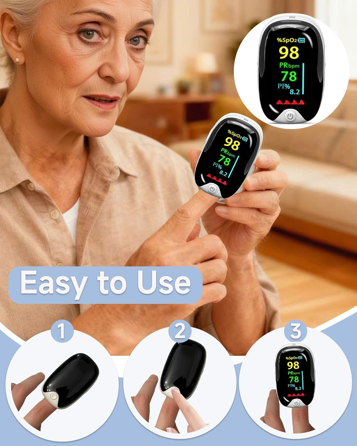 Pulse Oximeter & Heart Rate Monitor, Oxygen Saturation Monitor for Adults, LED Display, Nurse Accessories & Medical Supplies, Track of Oxygen Levels, White Gem Shape Design image number 3