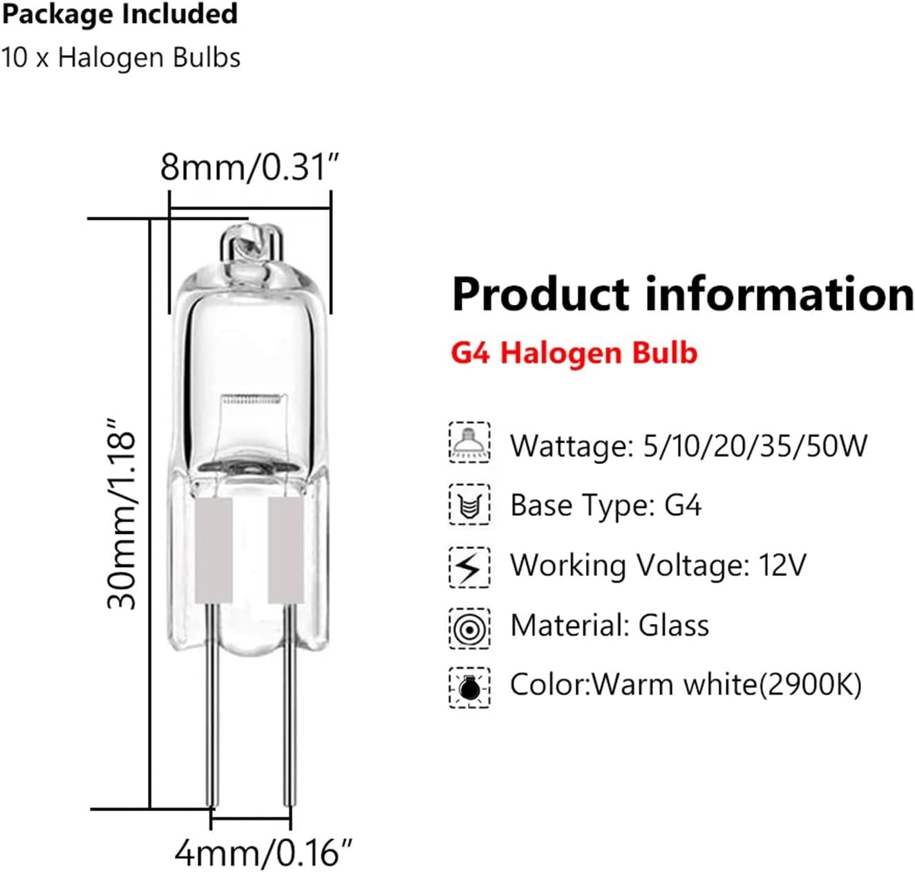 Yfcaiheng 10Pcs G4 Halogen Bulb 12V 5W 10W 20W 35W 50W G4 Halogen Bulbs Light Globe Lot JC Bi-Pin LED Lamp Warm White Replace LED Lamp (Size : 5W) image number 3