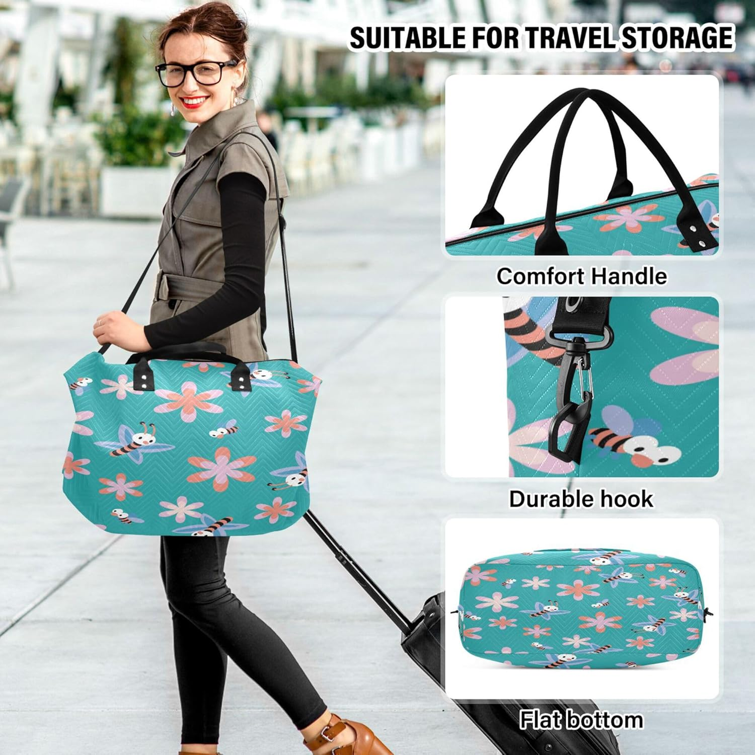 Duffel Bags Workout Bag Travel Weekender Gear Bag with Adjustable Strap for Trekking Multifunctional Bee Cartoon Turquoise Flower, Multi, One Size, Modern/Fitted, Multi, One Size, Modern/Fitted image number 2