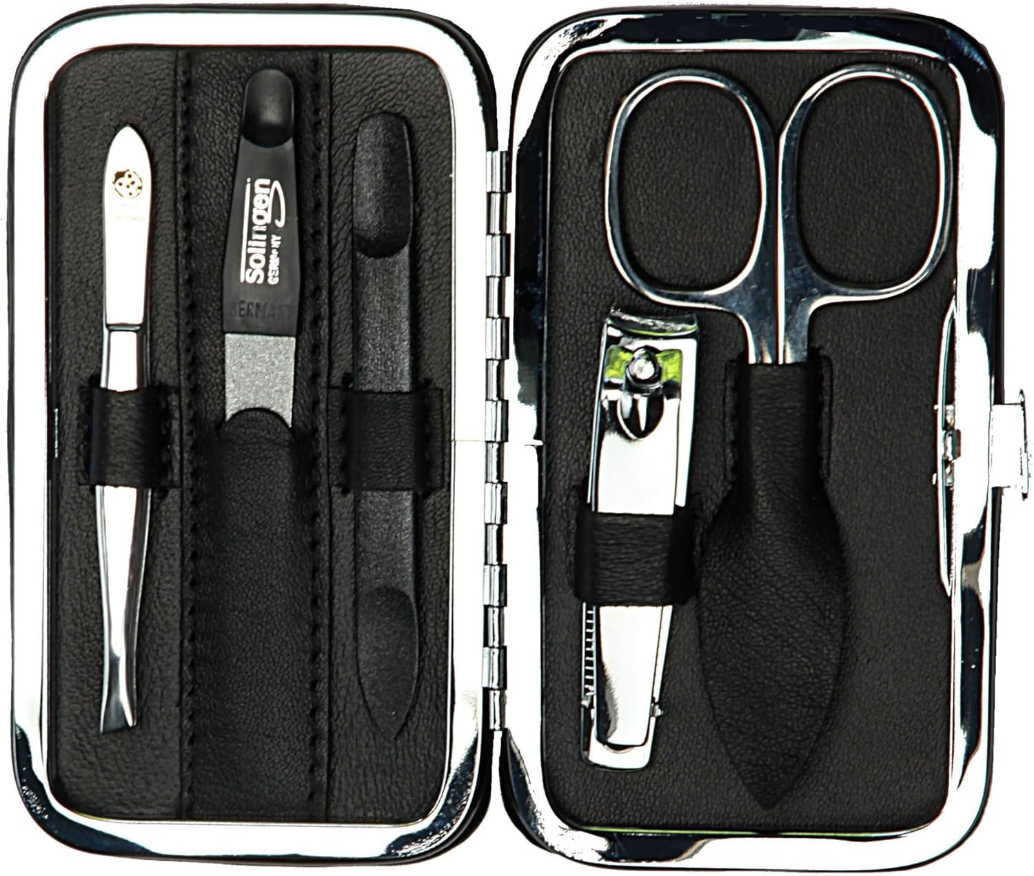 Sonnenschein by Hans Kniebes Manicure Set, 5 Pieces, Nail Scissors, Nail Clippers, Nail File, Tweezers, Double Instrument, Nappa Lambskin Manicure Case, Black image number 3