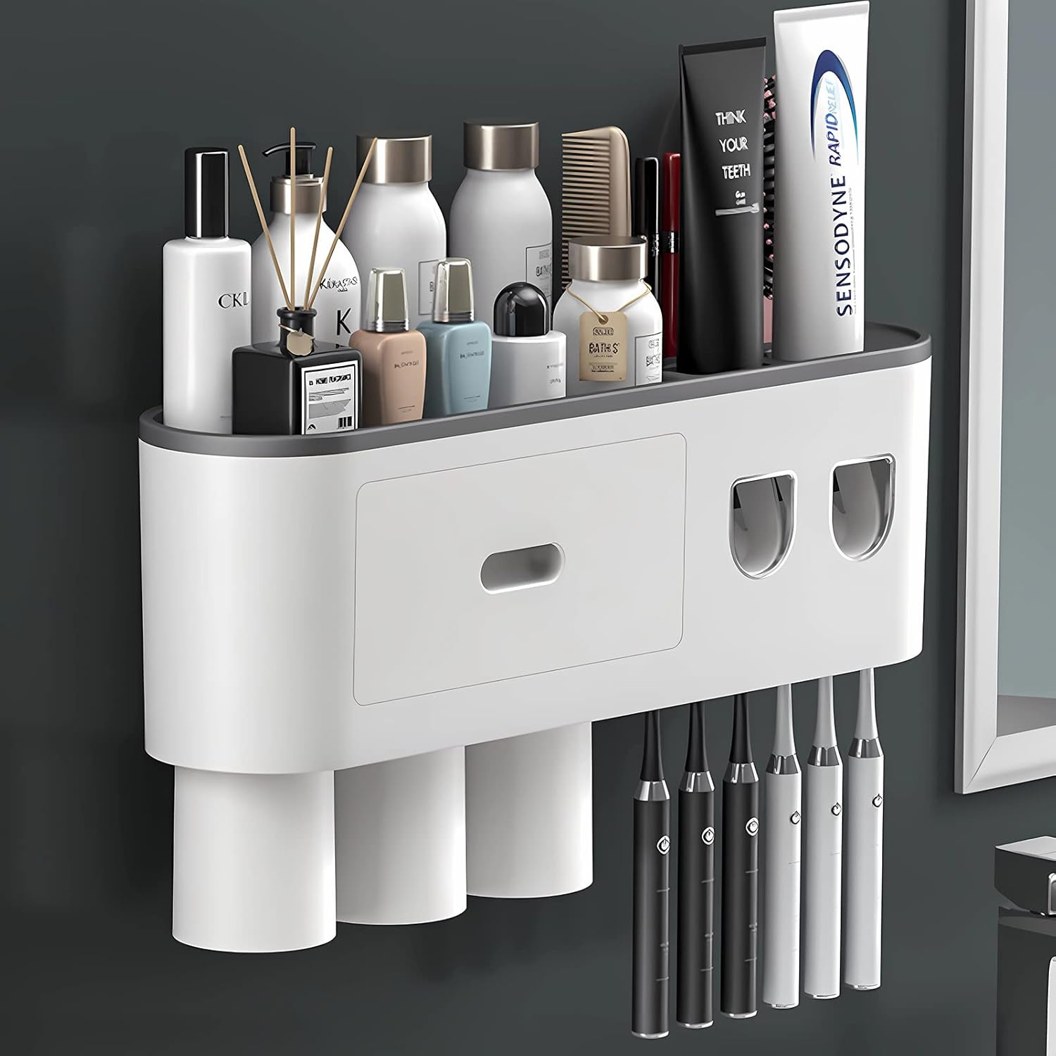 Hushnow Toothbrush Holder Wall Mounted,Double Automatic Toothpaste Dispensers with 6 Brush Slots 3 Magnetic Cups 1 Cosmetic Drawer Organizer 1 Large Storage Tray,Grey Toothbrush Holder Set - 3 Grey image number 4