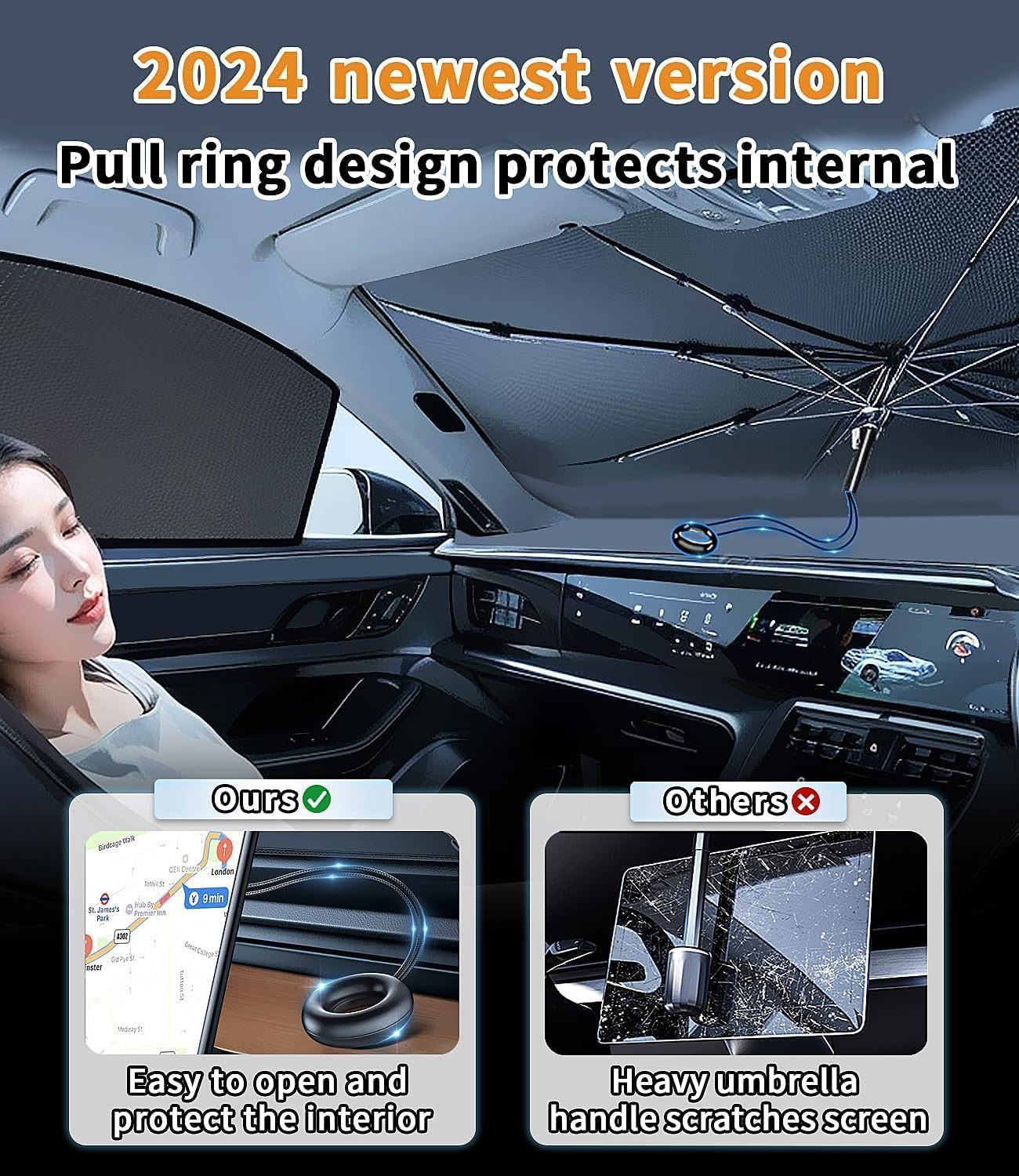 Custom-Fit for BMW Windshield Sun Shade Umbrella, 2024 Upgraded Pull Ring Handle Foldable Front Window Cover Sun Visor, UV Rays Blocker, Designed for BMW Accessories (For BMW 3 Series) image number 6