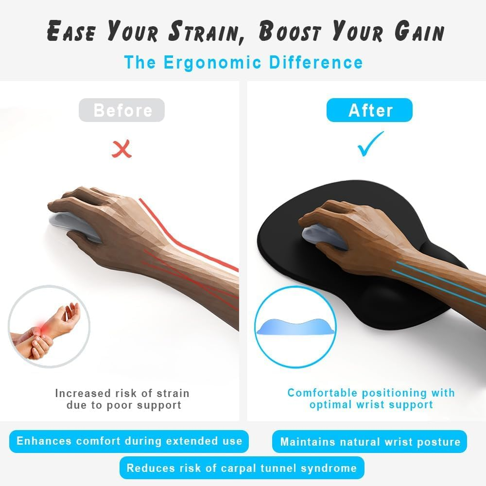 Ergonomic Mouse Pad with Gel Wrist Rest, Comfortable Mousepad with Smooth Wrist Support Surface and Non-Slip PU Base for Pain Relief, Computer, Laptop, Office & Home, 10 X 7.5In (Black) - Blue image number 6