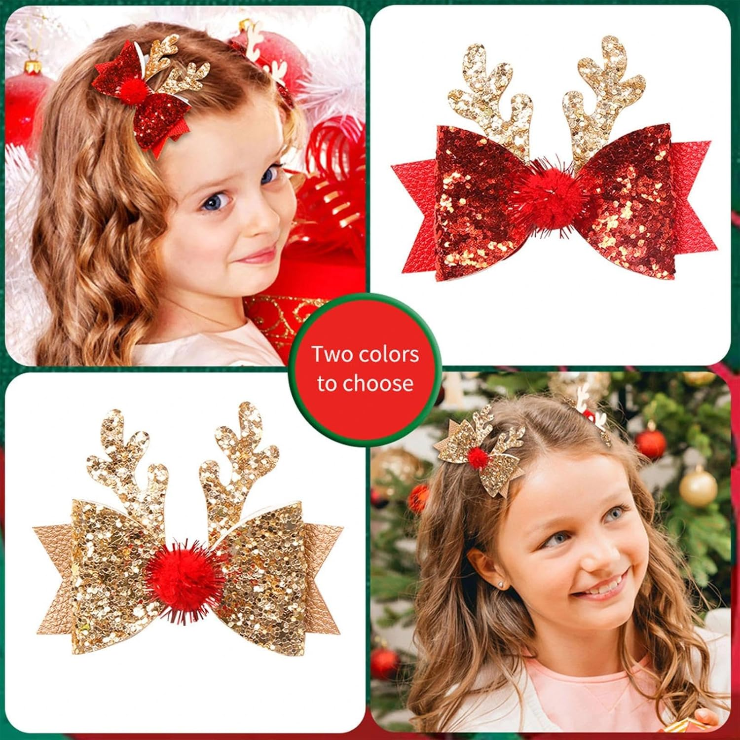 Dinghaole 6Pcs Christmas Hair Accessory Set - Bow Hair Clip, Christmas Reindeer Antler Headband, Suitable for Holiday Parties and Holiday Styles (Red and Gold) image number 3