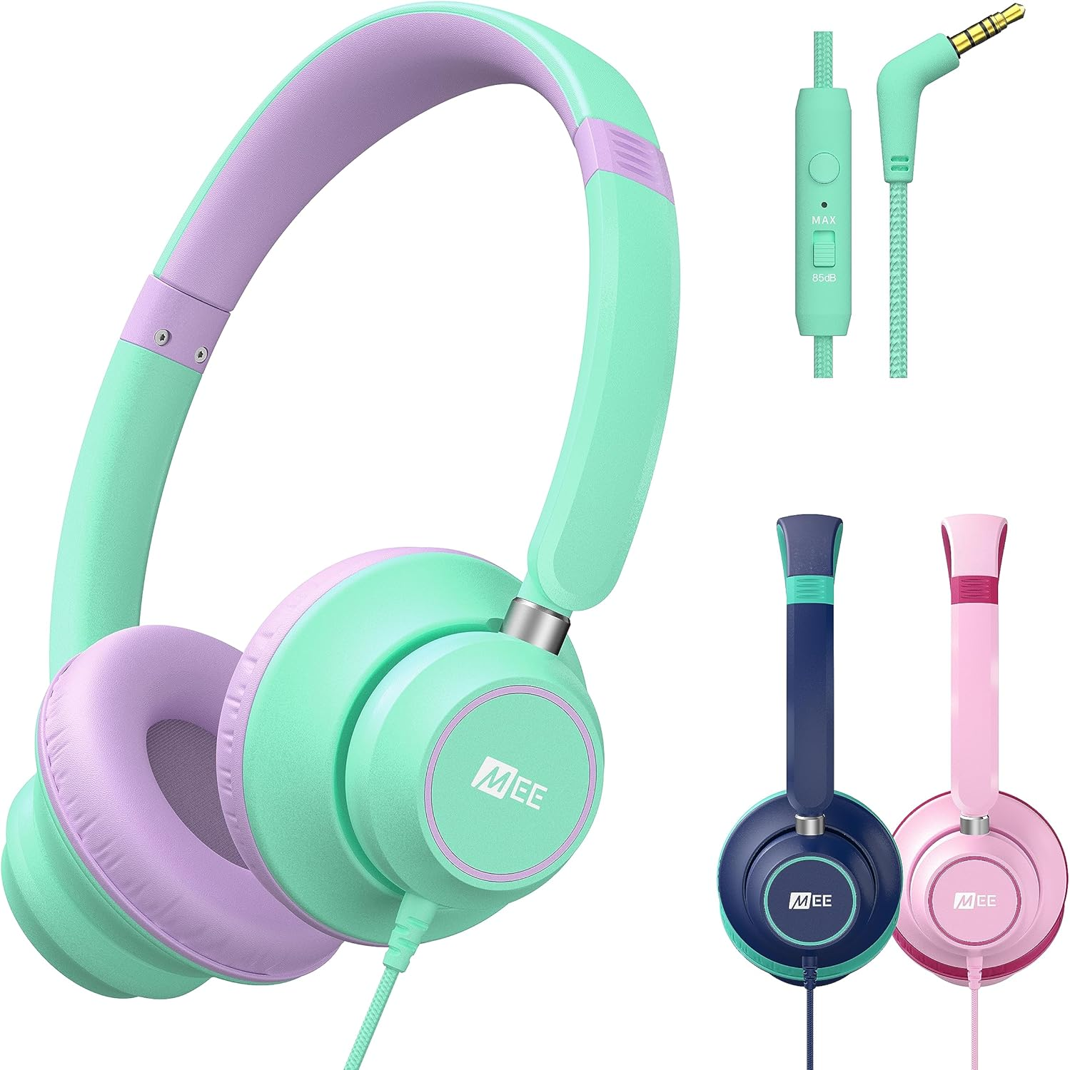 MEE Audio Kidjamz KJ45 Children&rsquo;S Safe Listening Headphones with Volume Limiter & Microphone, Adjustable On-Ear Kids Headset Wired W/3.5Mm Jack for Online Learning/School/Travel/Tablet (Mint/Lavender) image number 1
