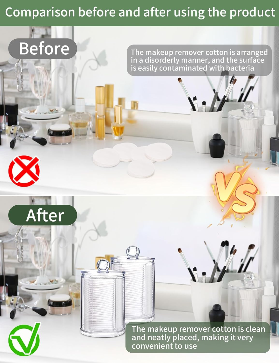 3 Pack Qtip Holder Dispenser Kit for Cotton Ball round Pads, Clear Plastic Jars Set, Jars with Lids for Bathroom Organization, 10 Oz Holder Storage Canister Acrylic Jars, Bedroom Accessories image number 1