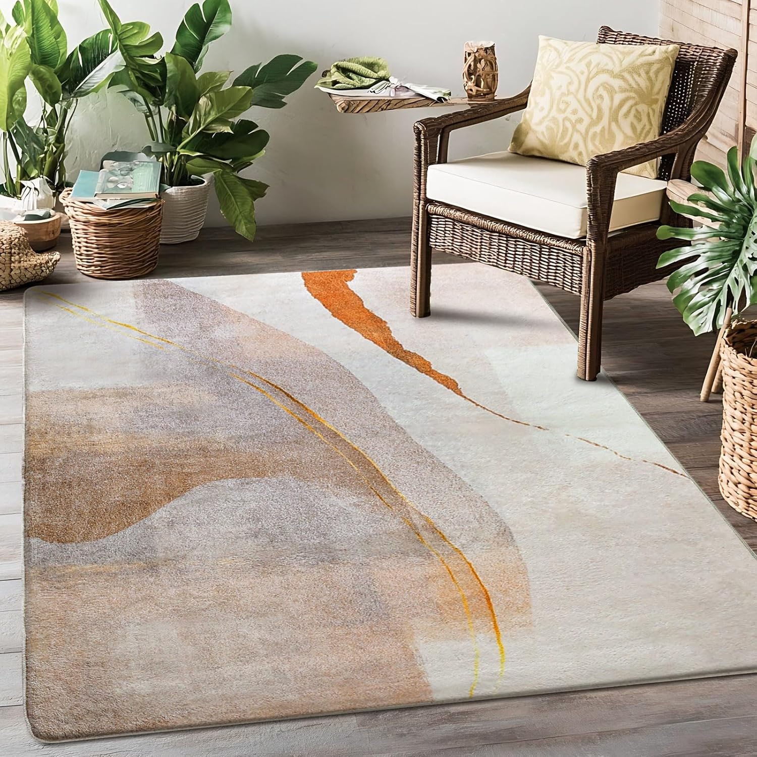 Cinknots Area Rugs Modern Living Room Rugs Anti-Skid Carpet Imitation Cashmere Rug for Bedroom Room Kitchen Home Decor Carpet Floor Mats (Brown/Gold) (160X200Cm)