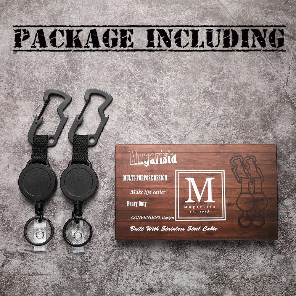 MNGARISTA Retractable Key Chain, Multitool Carabiner Key Holder, Retractable Badge Holder Reel, Heavy Duty Badge Reel with Steel Cable, Black, 2Pcs image number 3